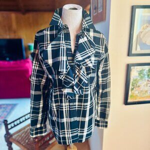 LAUREN RALPH LAUREN White and Black Plaid Ruffle Collar Shirt Blouse – M